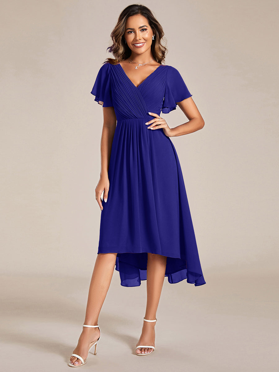 Chic V Neck High-Low Short Sleeve Wedding Guest Dress #color_Sapphire Blue