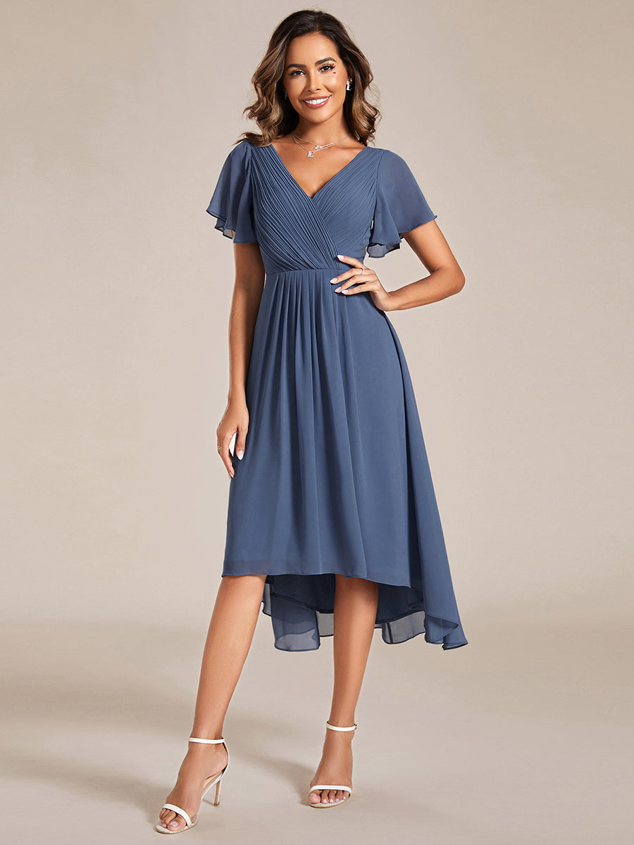 Chic V Neck High-Low Short Sleeve Wedding Guest Dress #color_Stormy