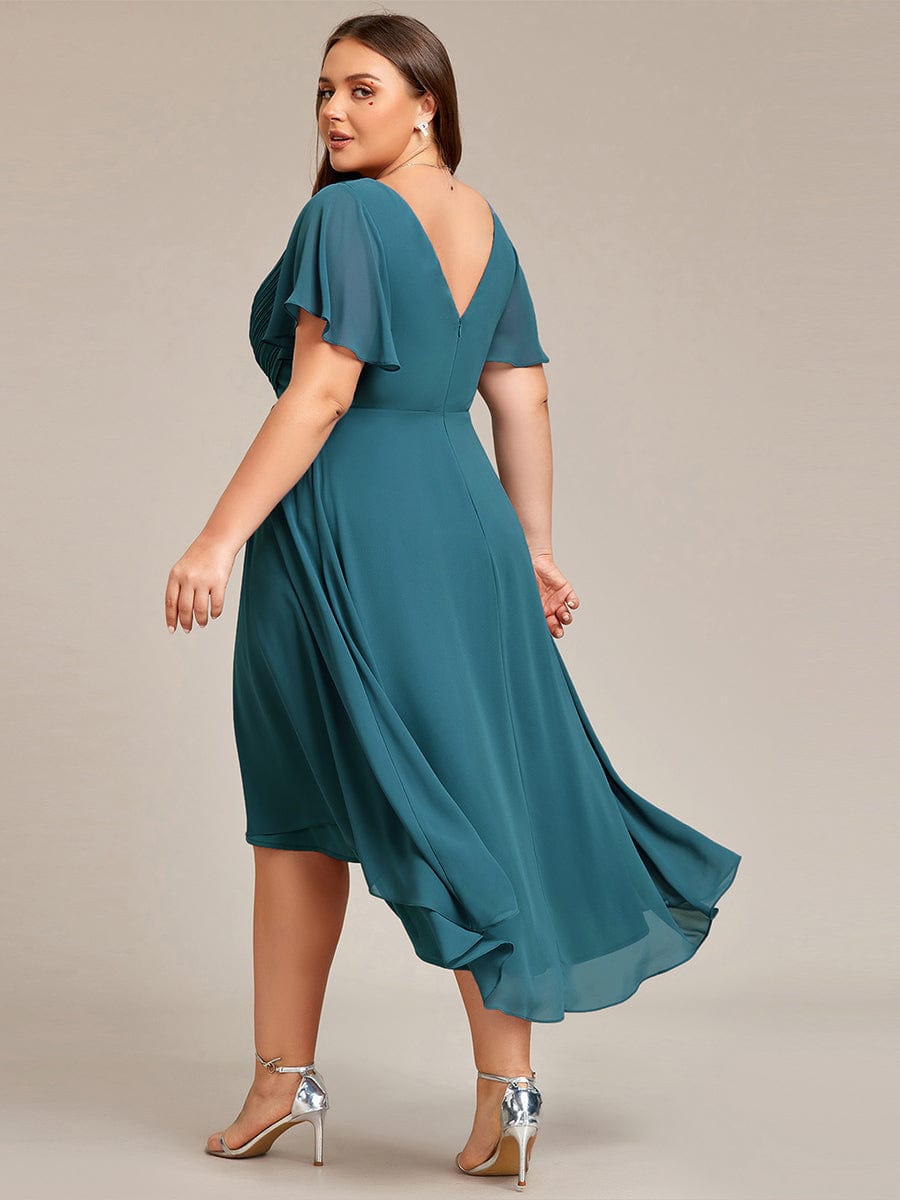 Chic V Neck Asymmetrical Hem Ruffles Sleeve Pleated Chiffon Wedding Guest Dress #color_Teal