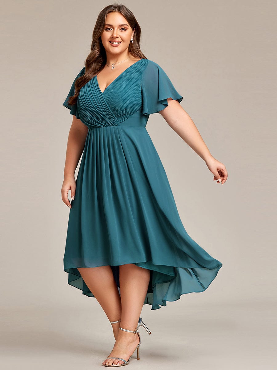 Chic V Neck Asymmetrical Hem Ruffles Sleeve Pleated Chiffon Wedding Guest Dress #color_Teal