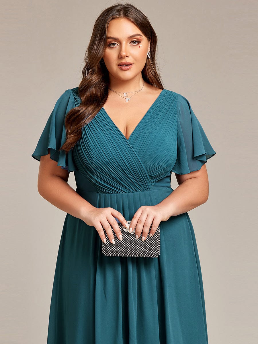 Chic V Neck Asymmetrical Hem Ruffles Sleeve Pleated Chiffon Wedding Guest Dress #color_Teal