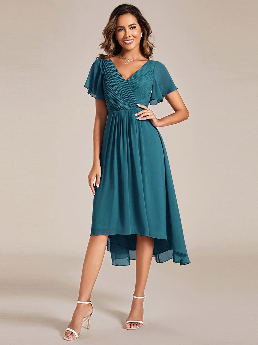 Chic V Neck Asymmetrical Hem Ruffles Sleeve Pleated Chiffon Wedding Guest Dress #color_Teal