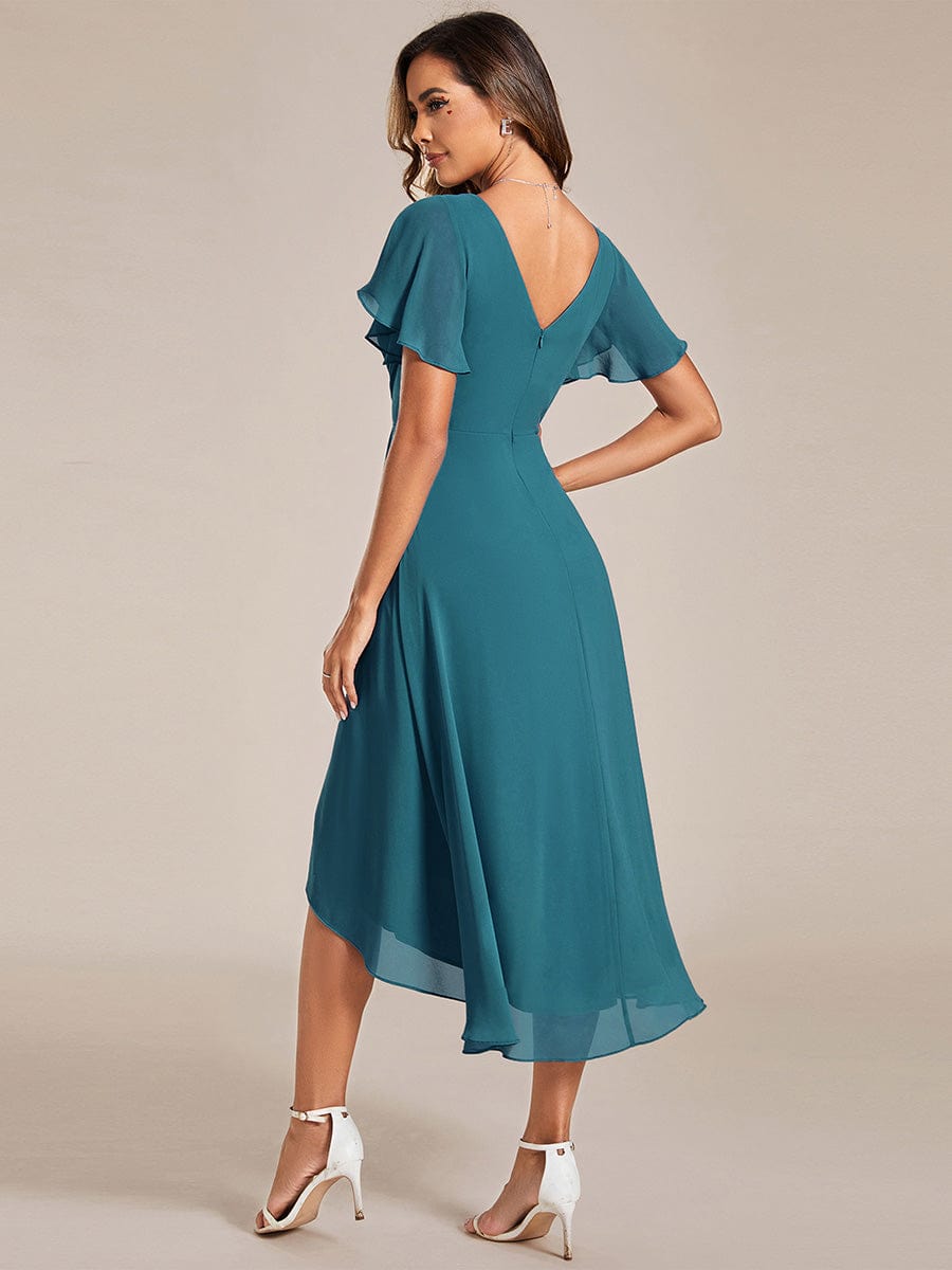 Chic V Neck Asymmetrical Hem Ruffles Sleeve Pleated Chiffon Wedding Guest Dress #color_Teal