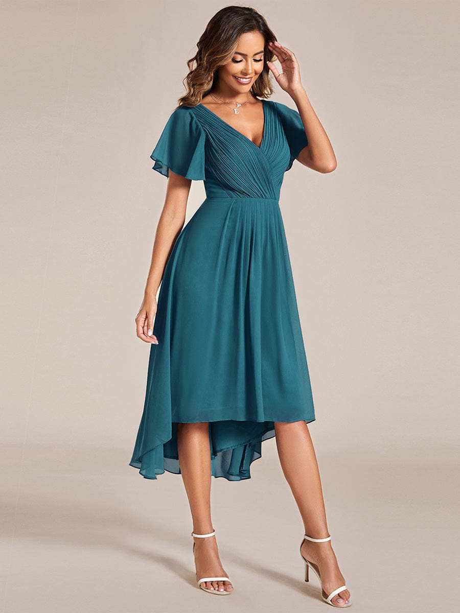 Pleated Asymmetrical Hem Ruffles Sleeve Chiffon Bridesmaid Dress #color_Teal