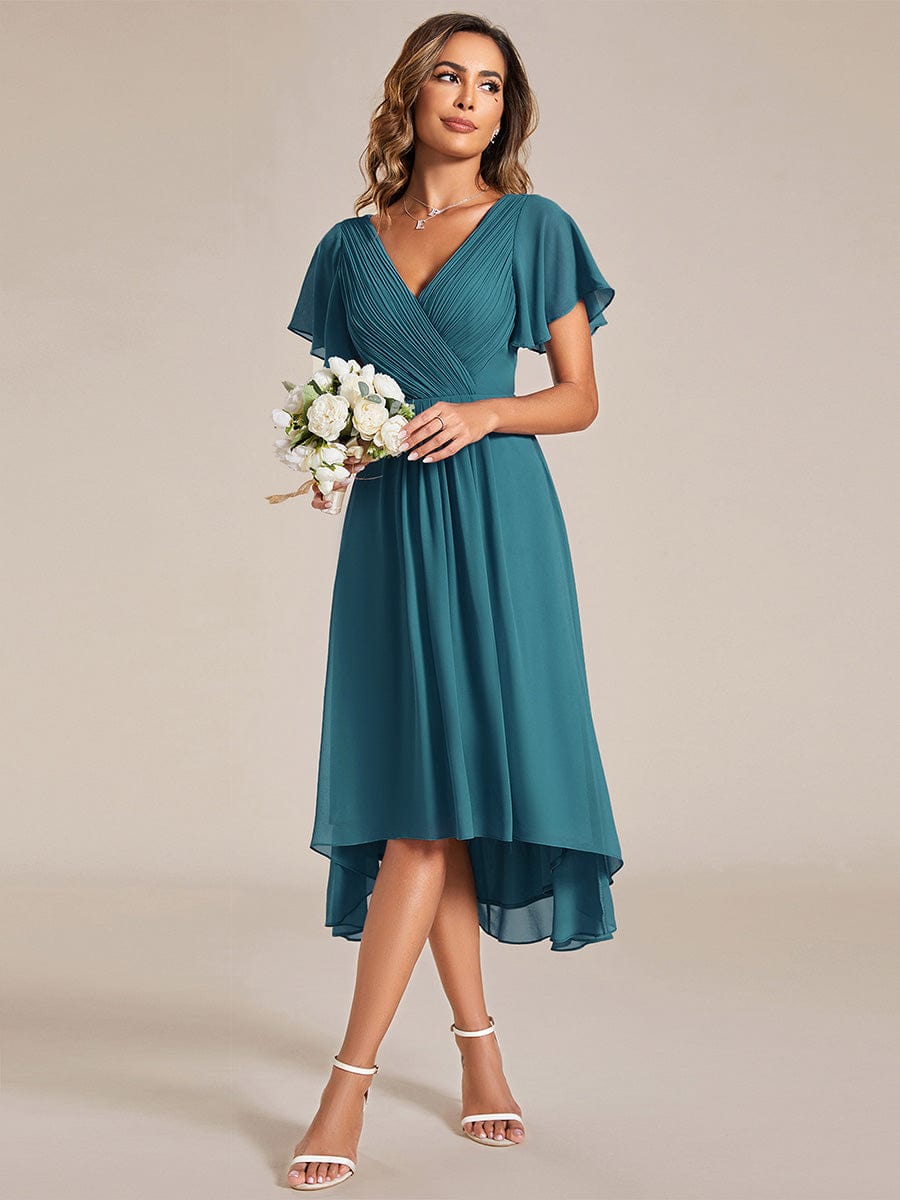 Chic V Neck Asymmetrical Hem Ruffles Sleeve Pleated Chiffon Wedding Guest Dress #color_Teal