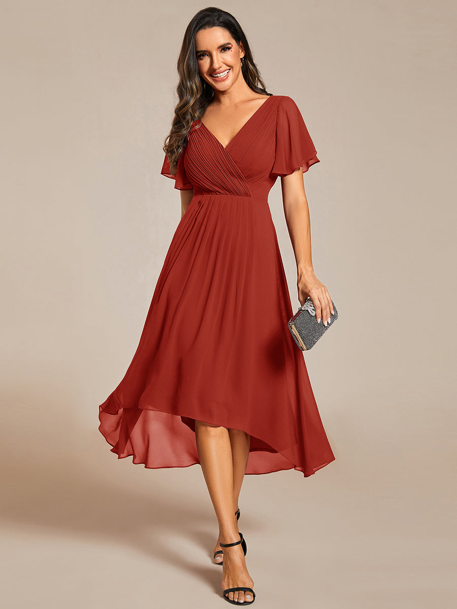 Chic V Neck High-Low Short Sleeve Wedding Guest Dress #color_Vermilion