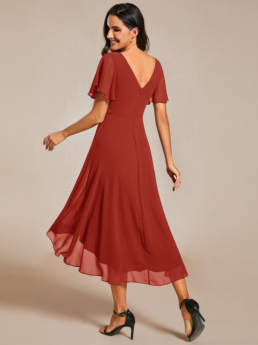 Chic V Neck High-Low Short Sleeve Wedding Guest Dress #color_Vermilion