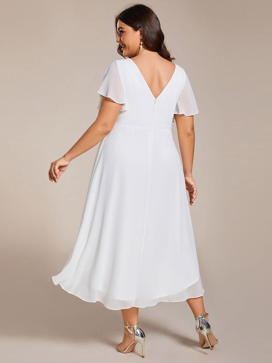 Chic V Neck Asymmetrical Hem Ruffles Sleeve Pleated Chiffon Wedding Guest Dress #color_White