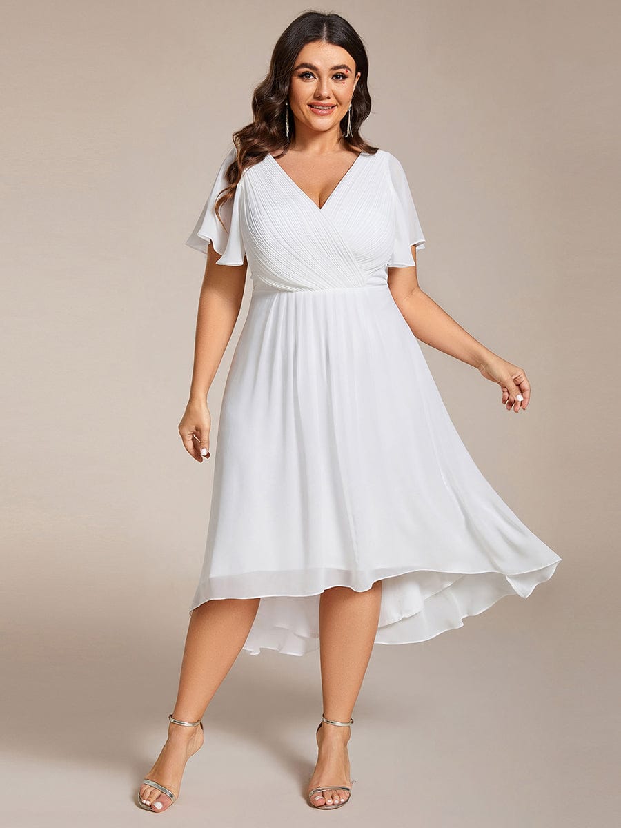 Chic V Neck Asymmetrical Hem Ruffles Sleeve Pleated Chiffon Wedding Guest Dress #color_White