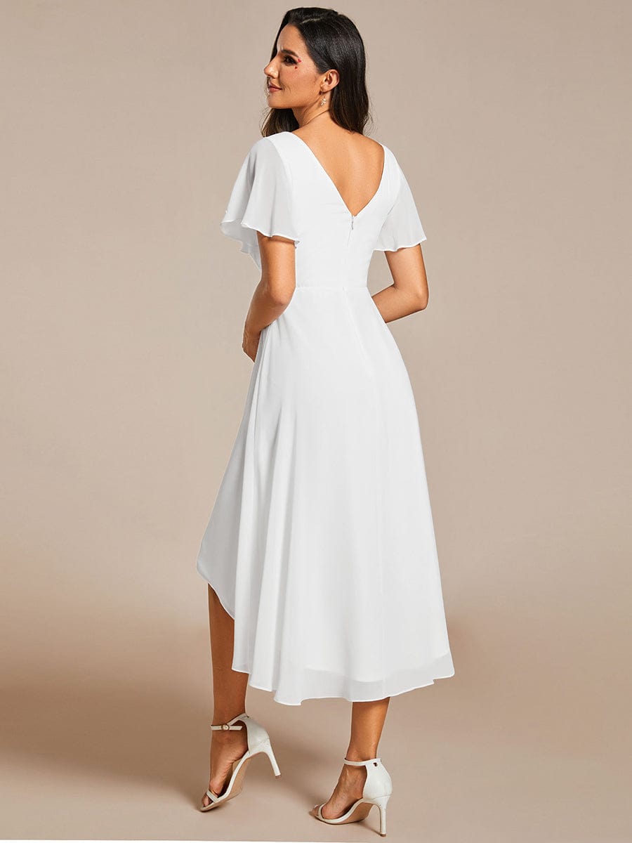 Pleated Asymmetrical Hem Ruffles Sleeve Chiffon Bridesmaid Dress #color_White