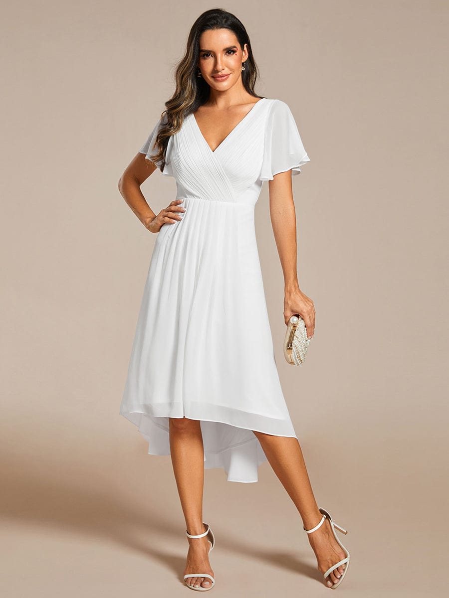 Custom Size Chic V Neck Asymmetrical Hem Ruffles Sleeve Pleated Chiffon Wedding Guest Dress #color_White