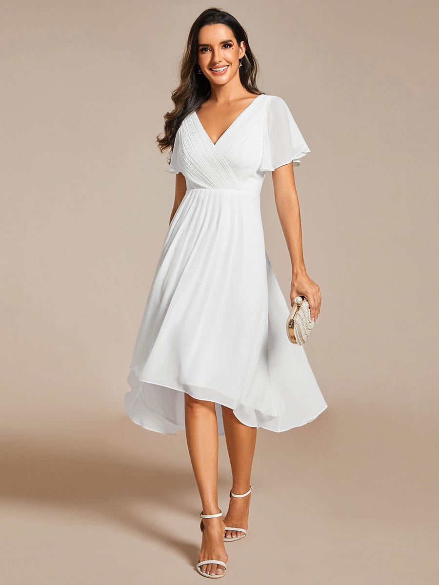 Custom Size Chic V Neck Asymmetrical Hem Ruffles Sleeve Pleated Chiffon Wedding Guest Dress #color_White