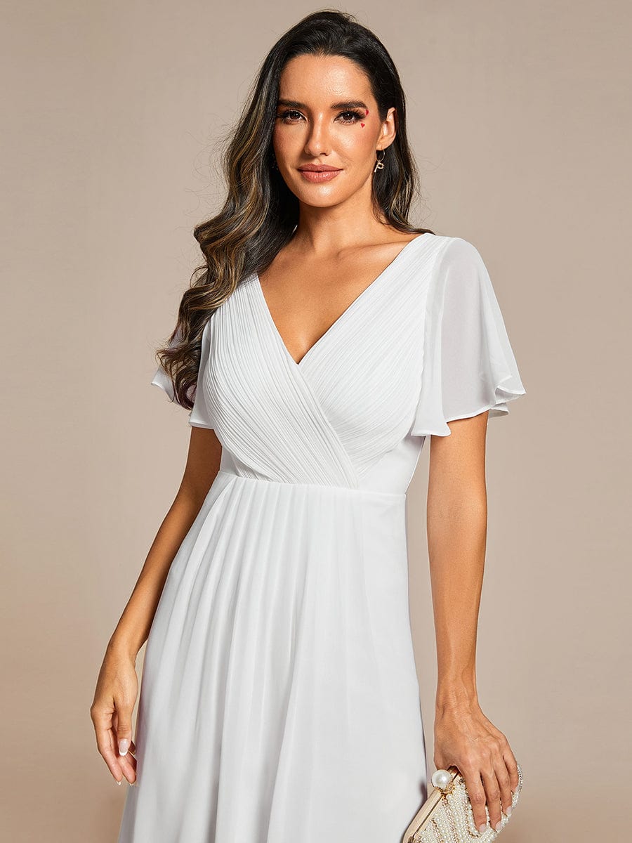 Chic V Neck Asymmetrical Hem Ruffles Sleeve Pleated Chiffon Wedding Guest Dress #color_White