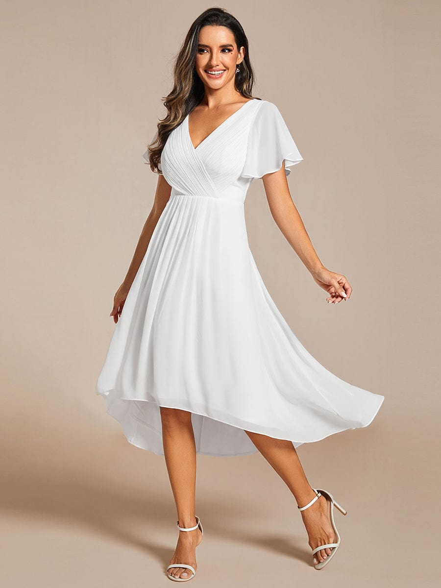 Pleated Asymmetrical Hem Ruffles Sleeve Chiffon Bridesmaid Dress #color_White