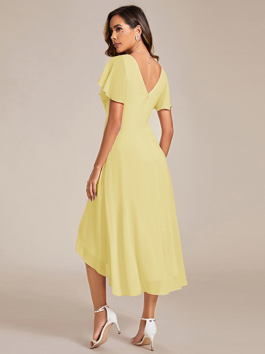 Chic V Neck High-Low Short Sleeve Wedding Guest Dress #color_Yellow