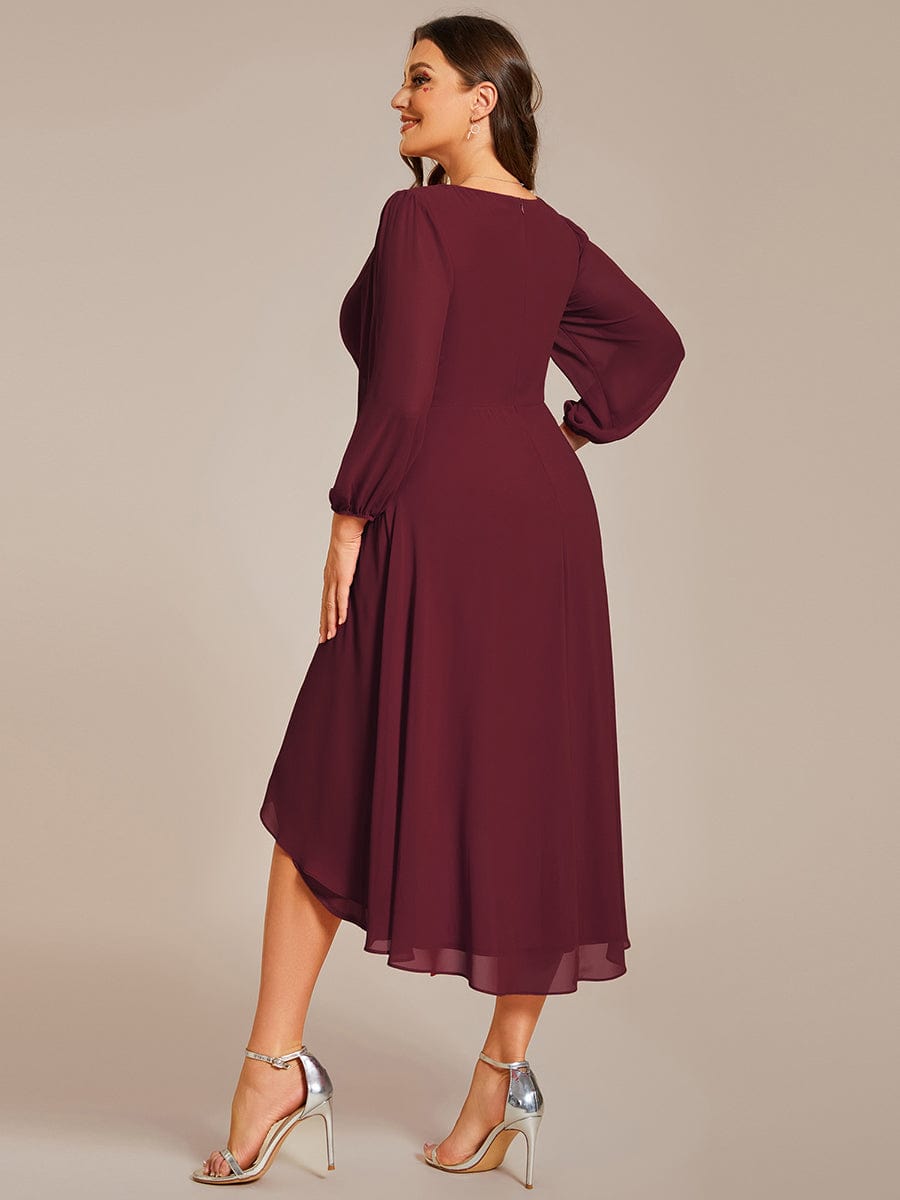 Plus Size Chiffon A-Line Long Sleeves Asymmetrical Hem Wedding Guest Dress #color_Burgundy