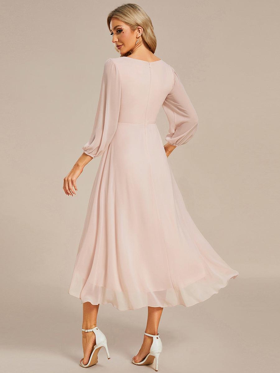 See-Through Long Sleeves V-Neck A-Line Chiffon Wedding Guest Dress #color_Blush