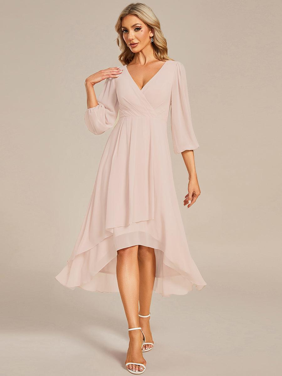 See-Through Long Sleeves V-Neck A-Line Chiffon Wedding Guest Dress #color_Blush