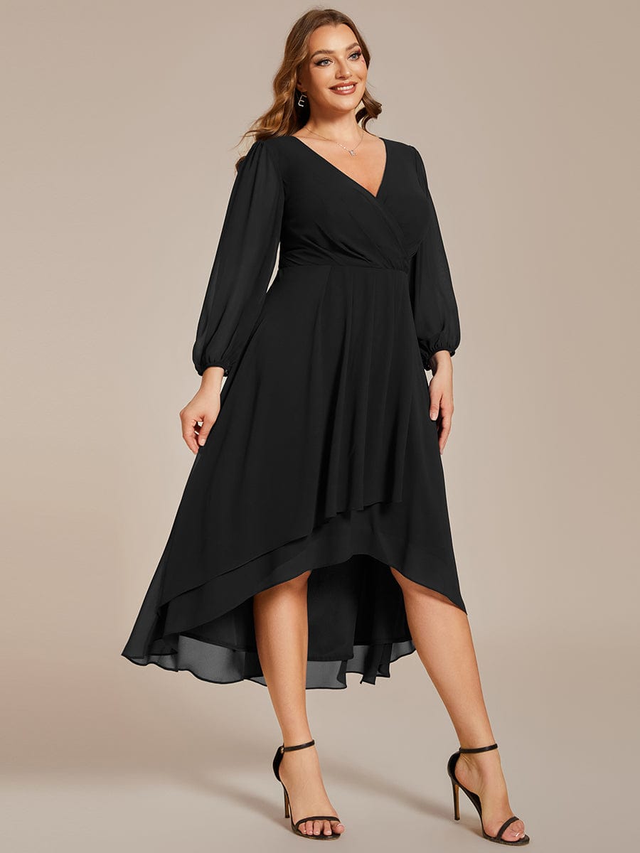 Plus Size Chiffon A-Line Long Sleeves Asymmetrical Hem Wedding Guest Dress #color_Black