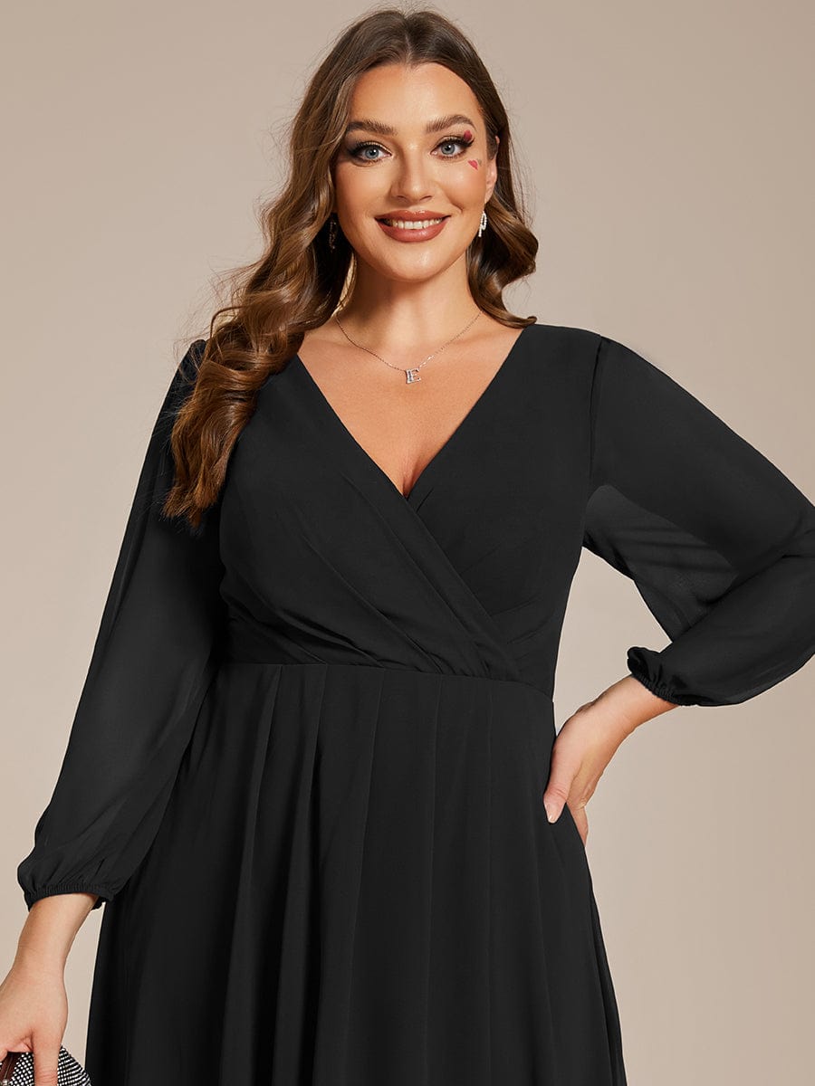 Long Sleeves Asymmetrical Hem A-Line Midi Wedding Guest Dress #color_Black