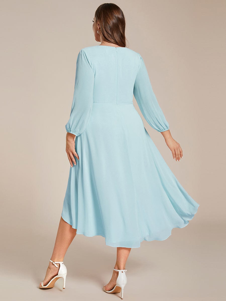 Plus Size Chiffon A-Line Long Sleeves Asymmetrical Hem Wedding Guest Dress #color_Sky Blue