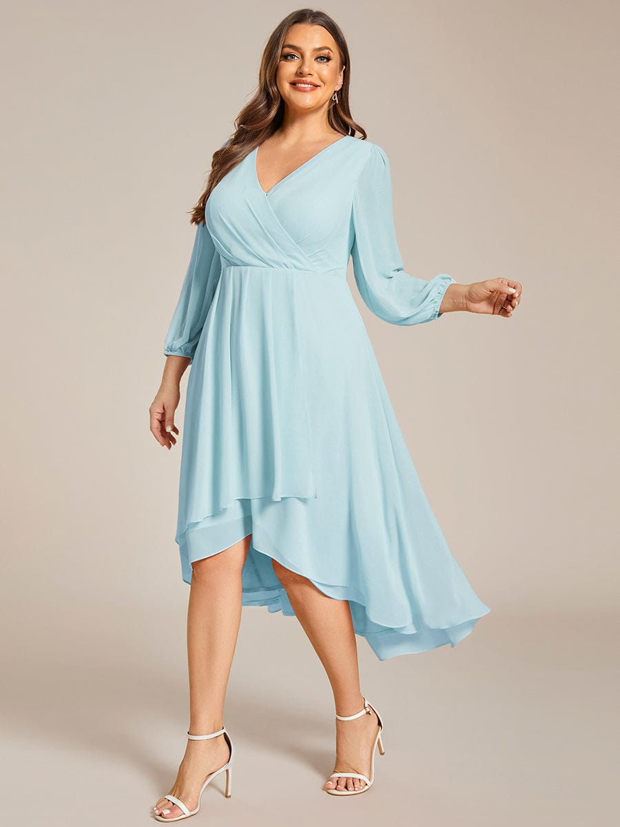 Plus Size Chiffon A-Line Long Sleeves Asymmetrical Hem Wedding Guest Dress #color_Sky Blue