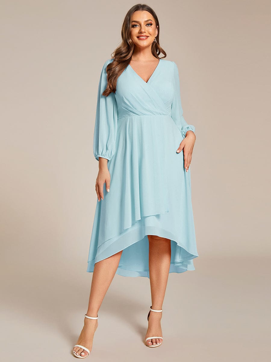 Plus Size Chiffon A-Line Long Sleeves Asymmetrical Hem Wedding Guest Dress #color_Sky Blue