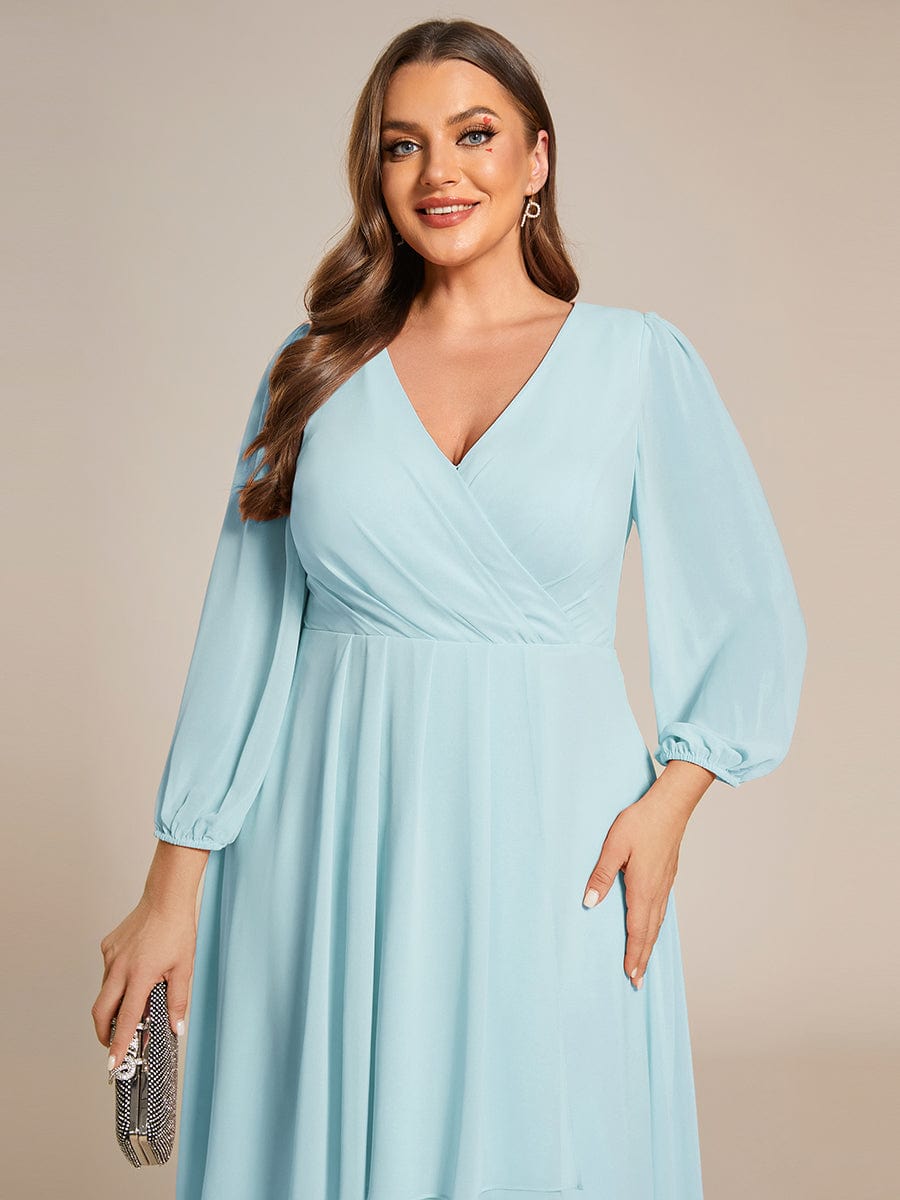 Plus Size Chiffon A-Line Long Sleeves Asymmetrical Hem Wedding Guest Dress #color_Sky Blue