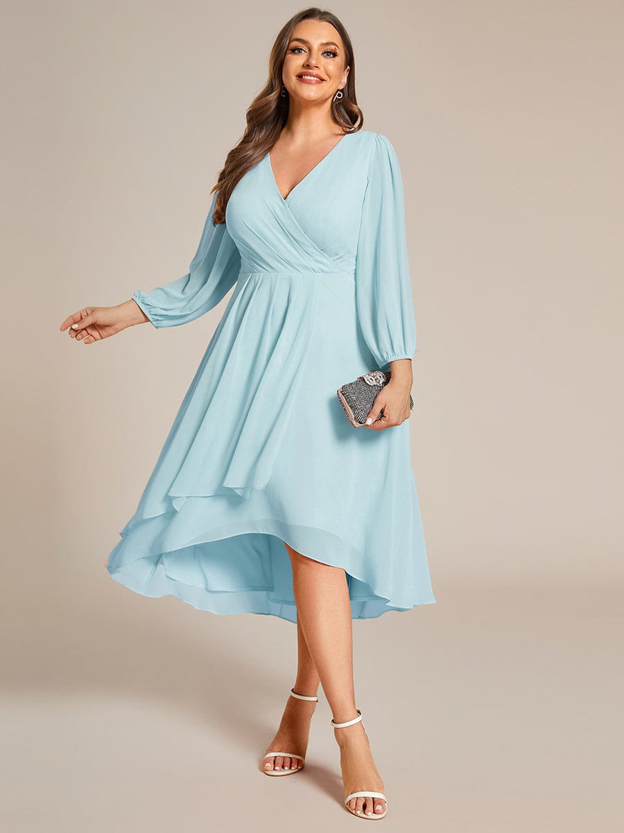 See-Through Long Sleeves V-Neck A-Line Chiffon Wedding Guest Dress #color_Sky Blue