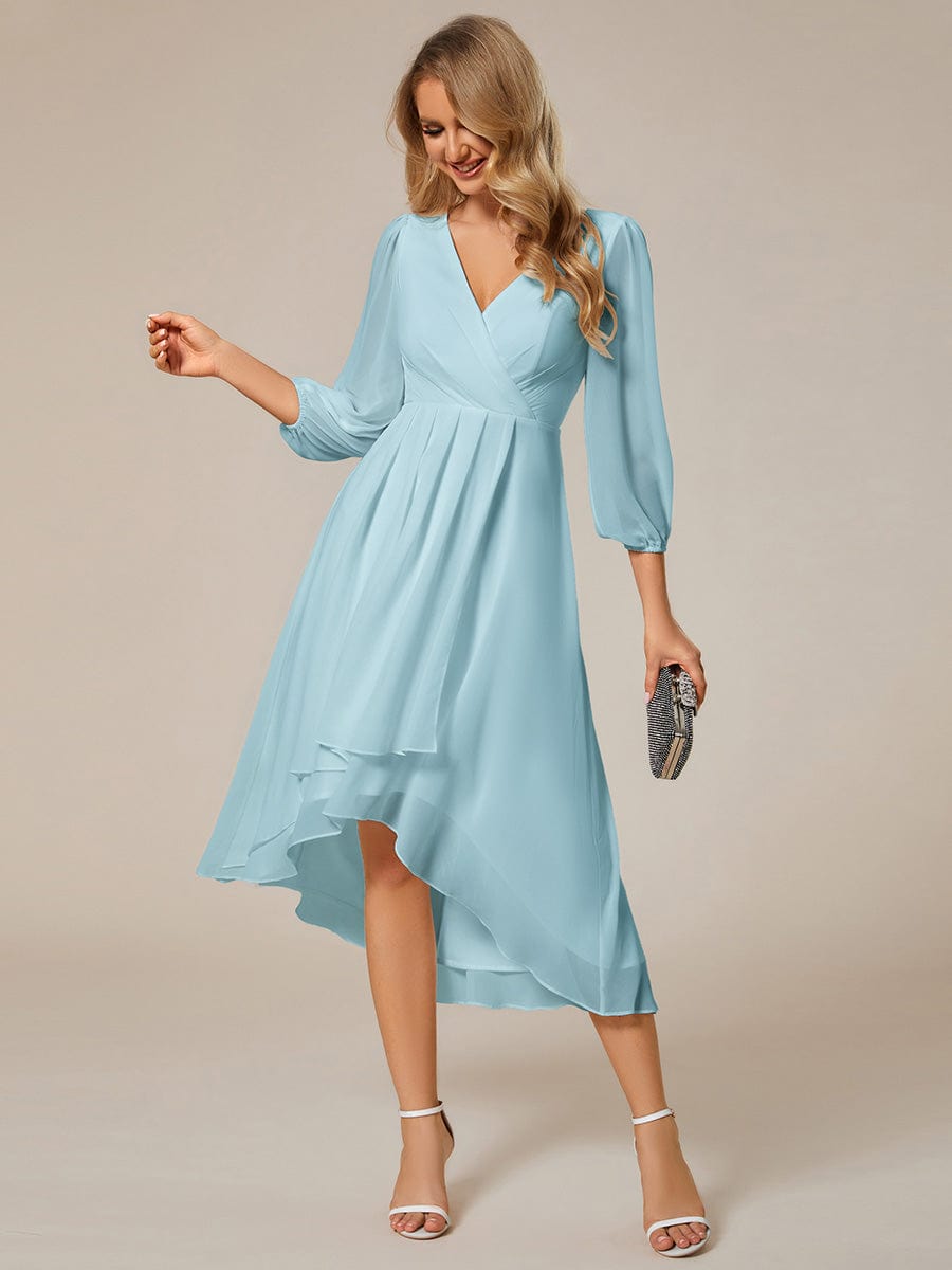 Long Sleeves Asymmetrical Hem A-Line Midi Wedding Guest Dress #color_Sky Blue