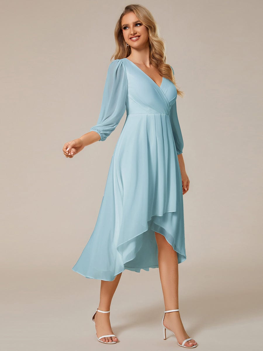 Long Sleeves Asymmetrical Hem A-Line Midi Wedding Guest Dress #color_Sky Blue