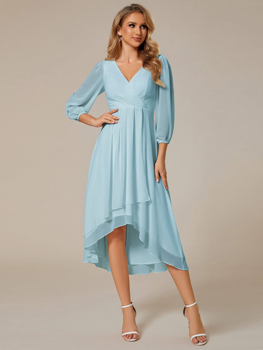 Long Sleeves Asymmetrical Hem A-Line Midi Wedding Guest Dress #color_Sky Blue