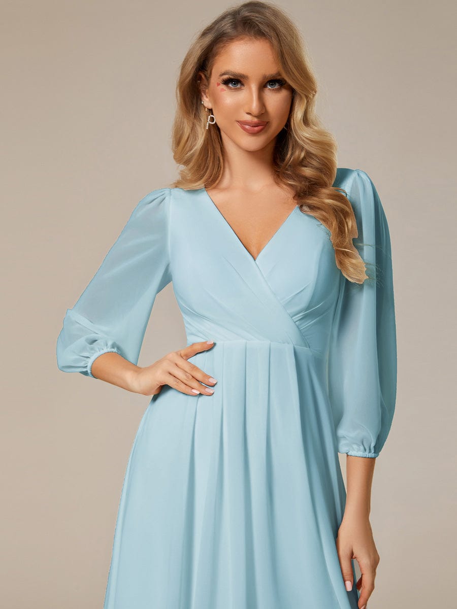 Long Sleeves Asymmetrical Hem A-Line Midi Wedding Guest Dress #color_Sky Blue