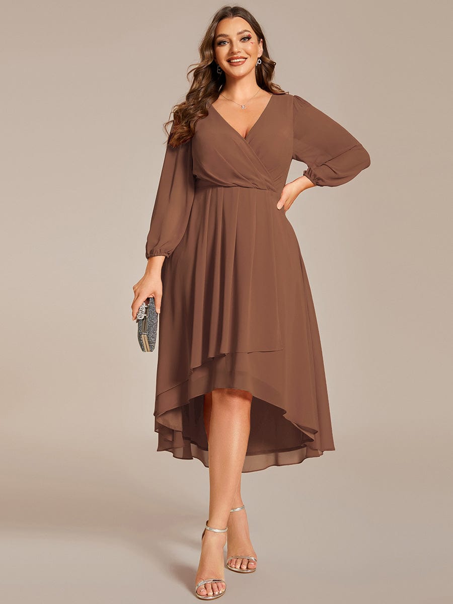 Custom Size Long Sleeves Asymmetrical Hem A-Line Midi Wedding Guest Dress #color_Brown