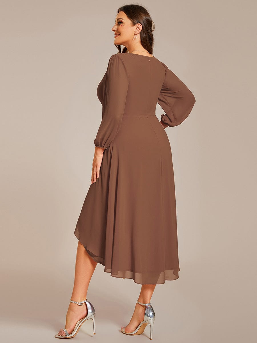 Custom Size Long Sleeves Asymmetrical Hem A-Line Midi Wedding Guest Dress #color_Brown