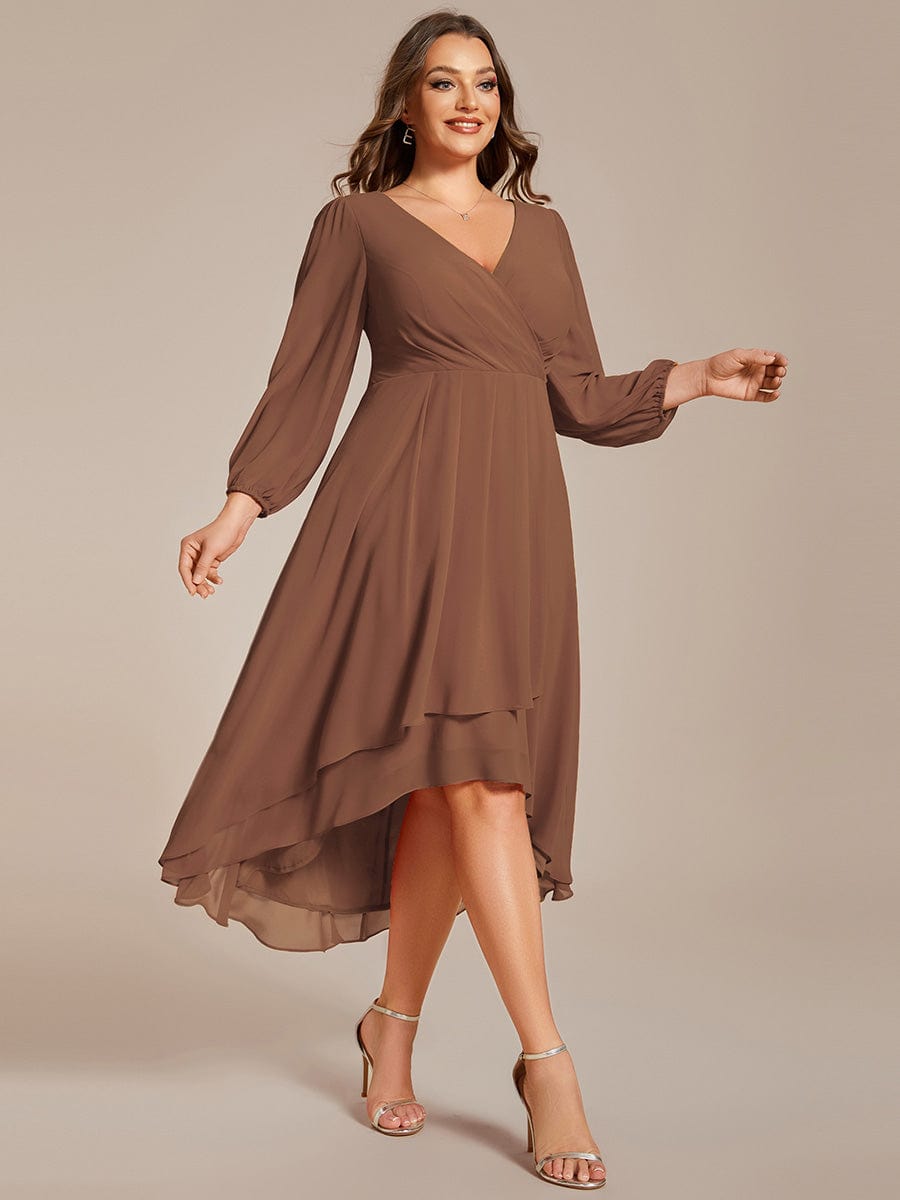 Custom Size Long Sleeves Asymmetrical Hem A-Line Midi Wedding Guest Dress #color_Brown