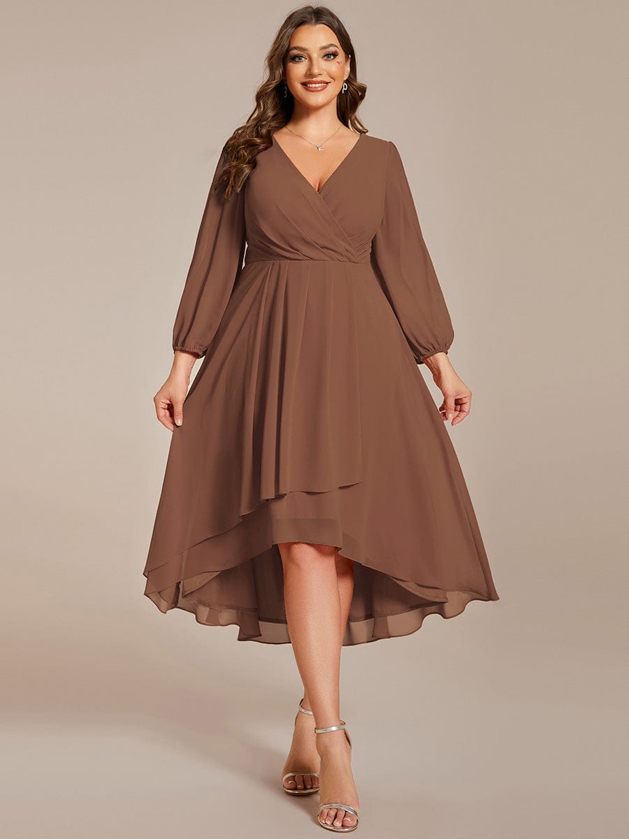 Custom Size Long Sleeves Asymmetrical Hem A-Line Midi Wedding Guest Dress #color_Brown