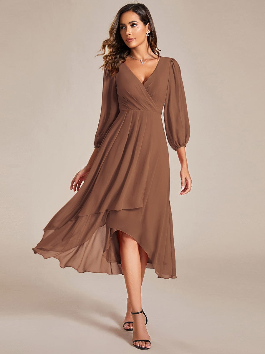 Custom Size Long Sleeves Asymmetrical Hem A-Line Midi Wedding Guest Dress #color_Brown