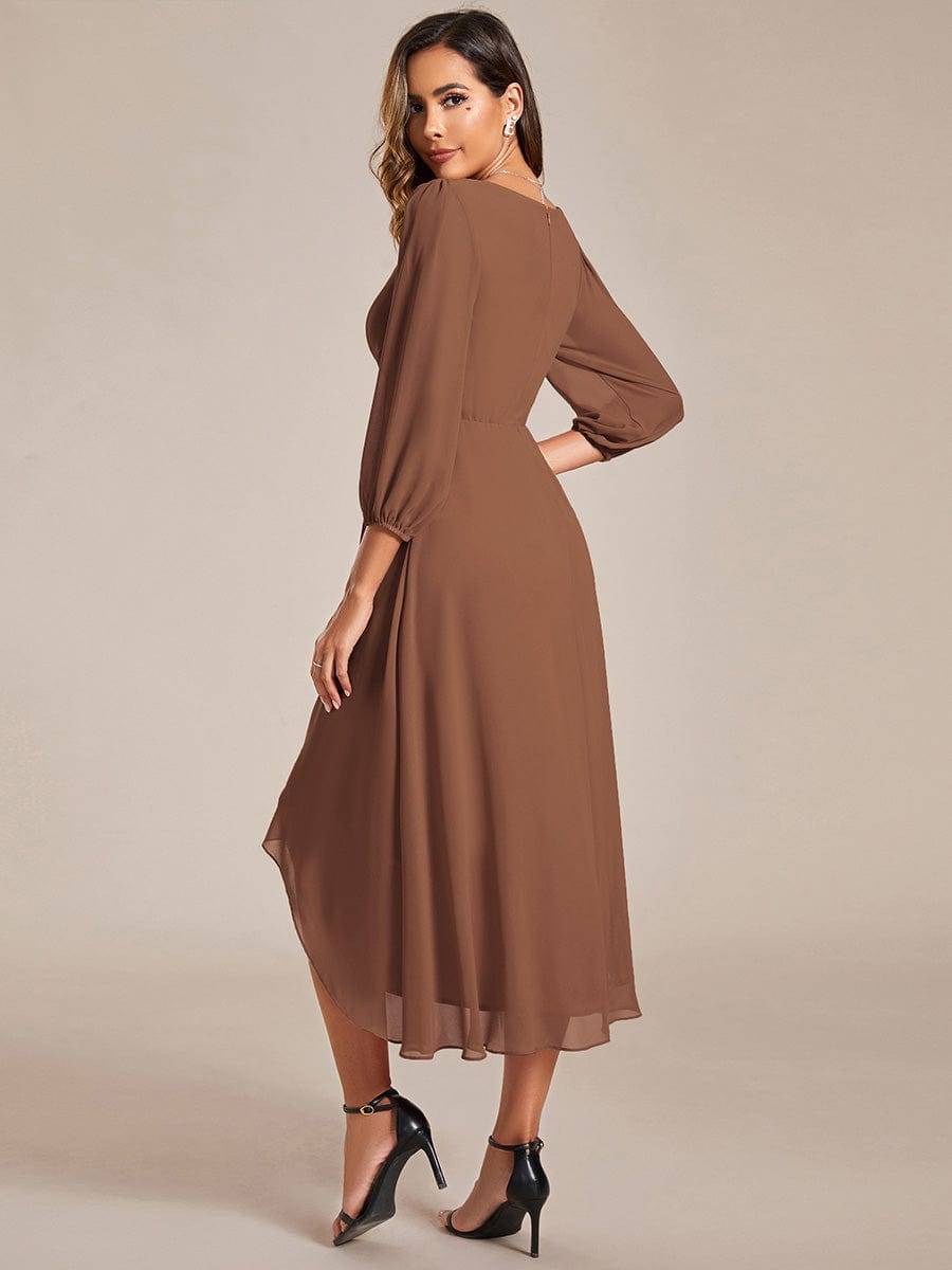 Custom Size Long Sleeves Asymmetrical Hem A-Line Midi Wedding Guest Dress #color_Brown