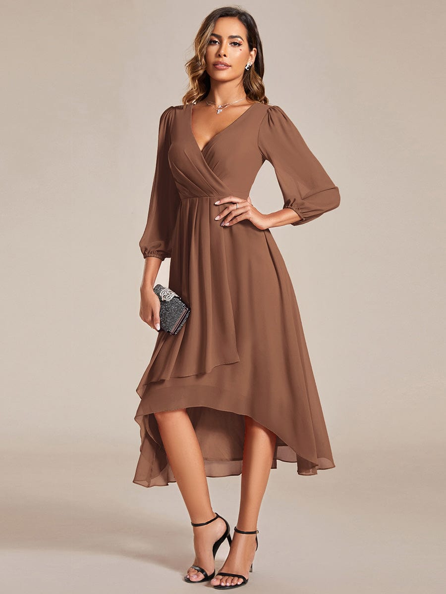 Custom Size Long Sleeves Asymmetrical Hem A-Line Midi Wedding Guest Dress #color_Brown