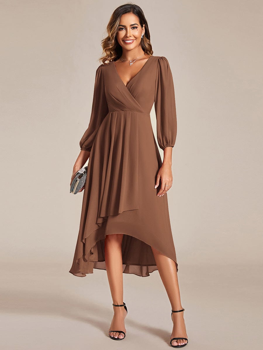 Custom Size Long Sleeves Asymmetrical Hem A-Line Midi Wedding Guest Dress #color_Brown