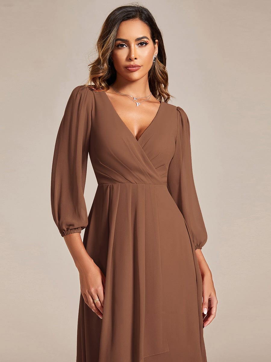 Custom Size Long Sleeves Asymmetrical Hem A-Line Midi Wedding Guest Dress #color_Brown