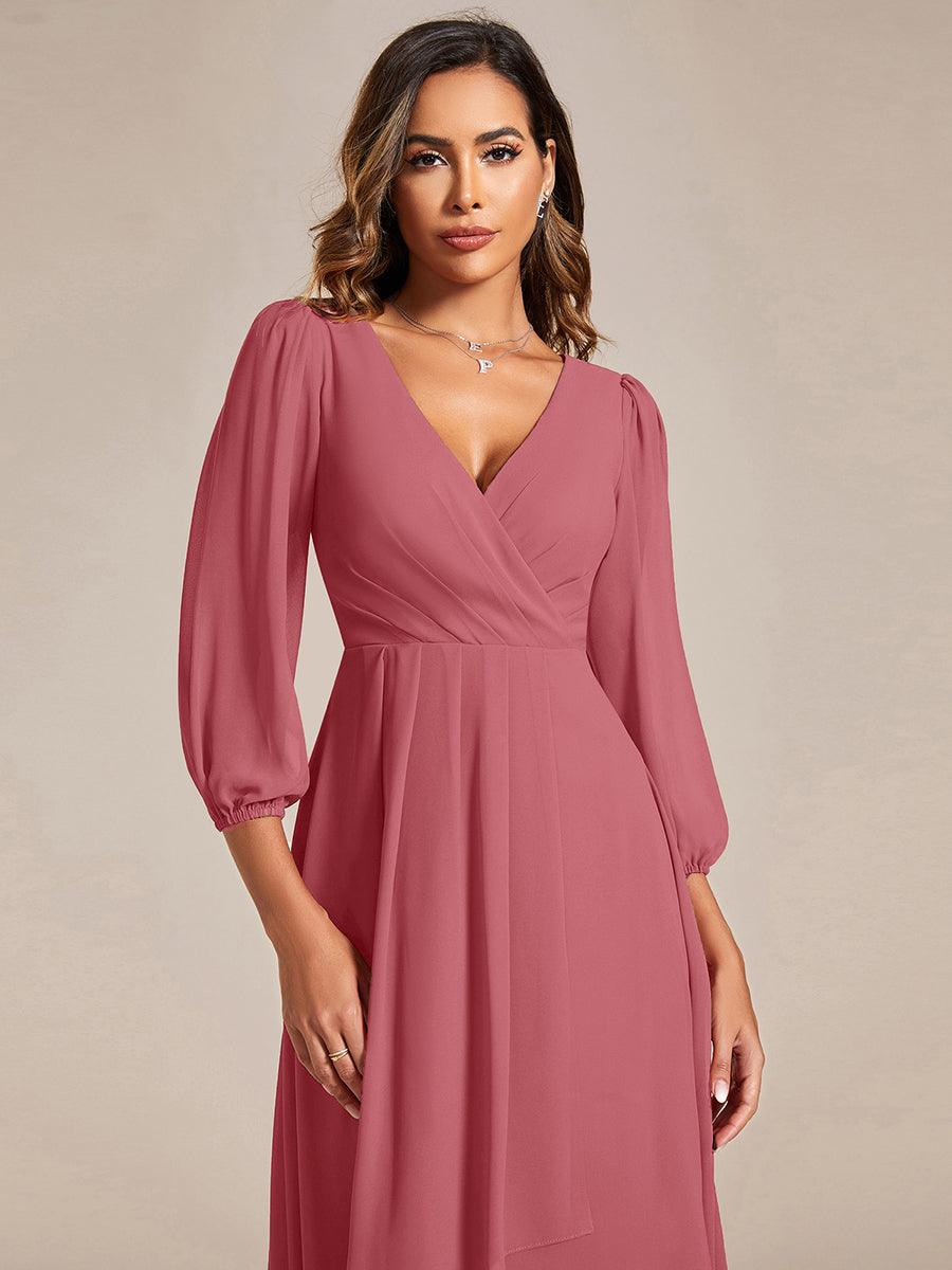 See-Through Long Sleeves V-Neck A-Line Chiffon Wedding Guest Dress #color_Cameo Brown