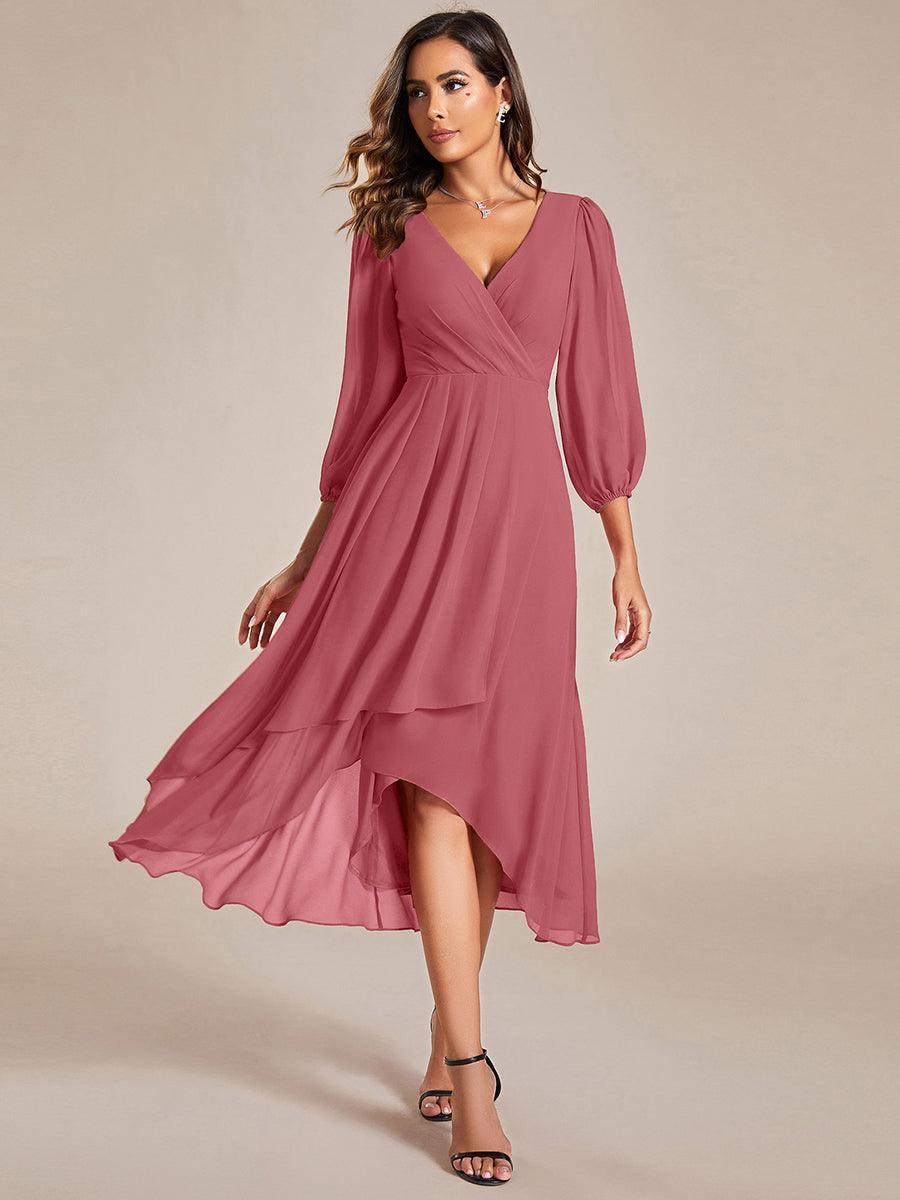 See-Through Long Sleeves V-Neck A-Line Chiffon Wedding Guest Dress #color_Cameo Brown