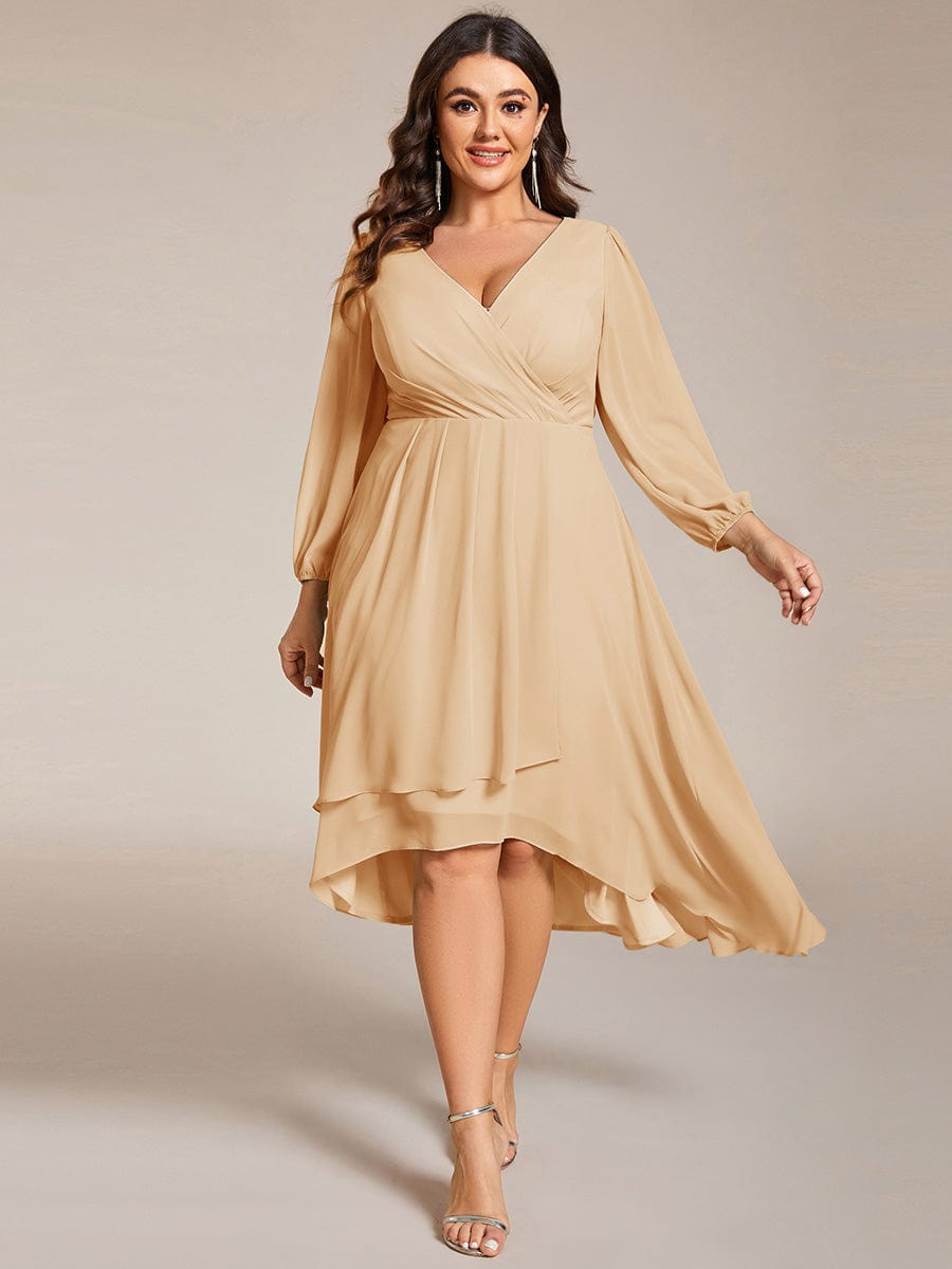 Plus Size Chiffon A-Line Long Sleeves Asymmetrical Hem Wedding Guest Dress #color_Champagne