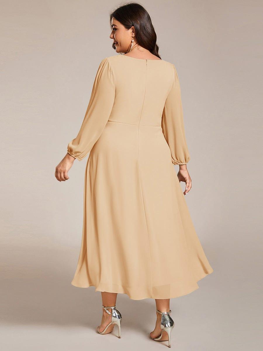 Plus Size Chiffon A-Line Long Sleeves Asymmetrical Hem Wedding Guest Dress #color_Champagne