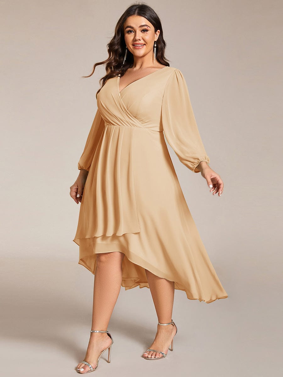 Plus Size Chiffon A-Line Long Sleeves Asymmetrical Hem Wedding Guest Dress #color_Champagne