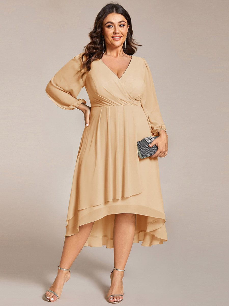 Plus Size Chiffon A-Line Long Sleeves Asymmetrical Hem Wedding Guest Dress #color_Champagne