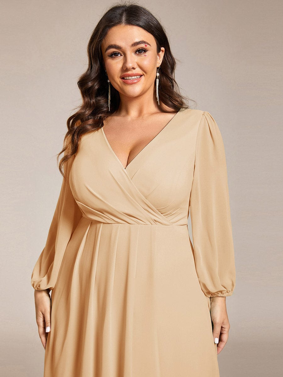 Plus Size Chiffon A-Line Long Sleeves Asymmetrical Hem Wedding Guest Dress #color_Champagne