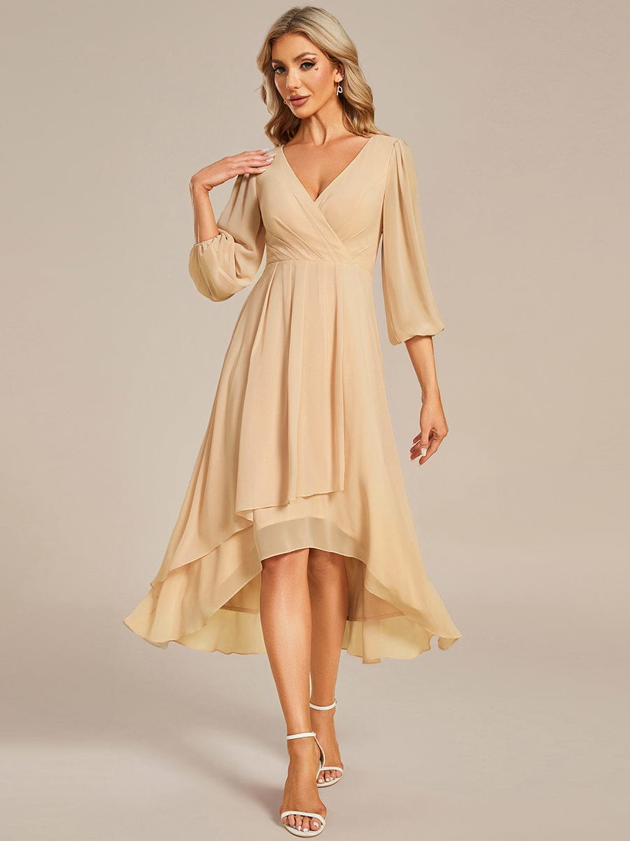 See-Through Long Sleeves V-Neck A-Line Chiffon Wedding Guest Dress #color_Champagne